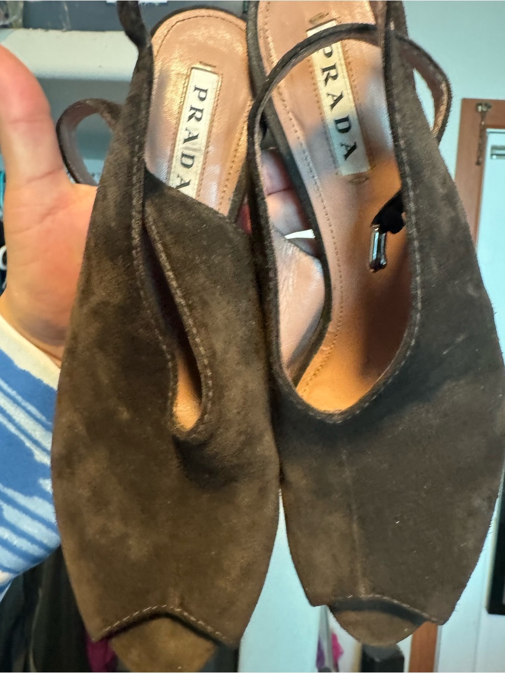 Prada Dark Brown Suede Peep-Toe Slingback Heels
